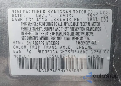 2017 Nissan Sentra S z USA, uszkodzony, nr VIN 3N1AB7AP7HY383099